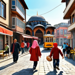 **A vibrant street scene in Istanbul, showing children of diverse backgrounds walking to school together. The architecture blends traditional Ottoman styles with modern buildings. Capture the hopeful atmosphere and the excitement of learning. Include elements like a simit cart or a local tea house in the background.**