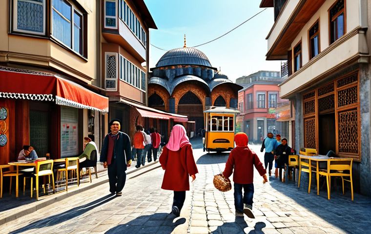 **A vibrant street scene in Istanbul, showing children of diverse backgrounds walking to school together. The architecture blends traditional Ottoman styles with modern buildings. Capture the hopeful atmosphere and the excitement of learning. Include elements like a simit cart or a local tea house in the background.**